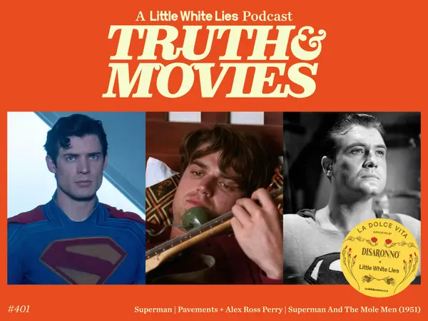 Orange background with white text "TRUTH & MOVIES" above three film stills showing Superman, man with telephone, and black-and-white portrait.