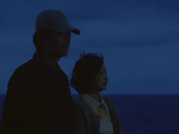 Silhouetted figures of a man and woman against a dark blue night sky.