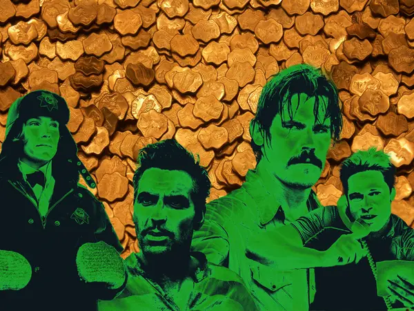 Green comic-style characters against a background of golden-coloured flakes.