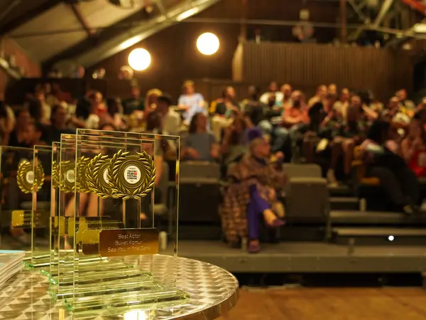 Glass awards with golden emblems on table, blurred crowd in tiered seating under warm lighting in background.