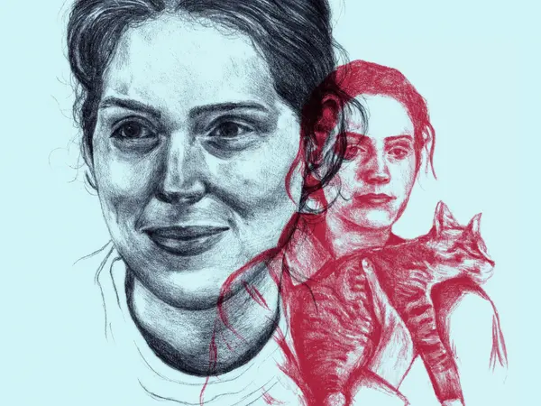 Portrait drawing with two overlapping female figures - larger black and grey pencil sketch on left, smaller red sketch on right.