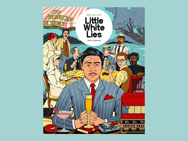 Illustration depicting a man in a suit at a bar, surrounded by other people in the scene. Colours include red, blue, and yellow, with a vintage style.