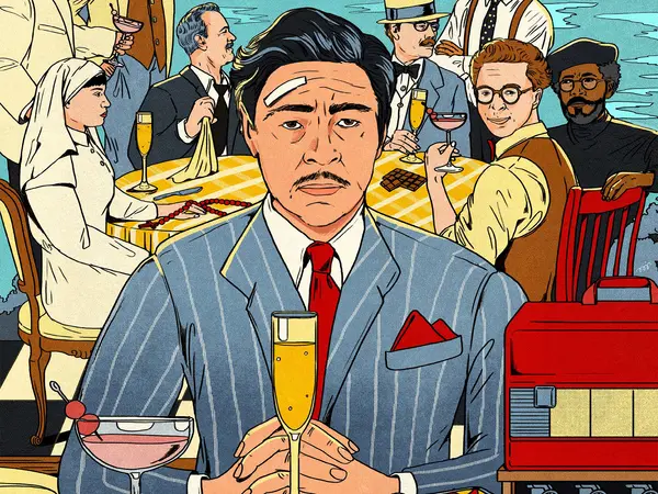 Illustration of a man in a grey suit holding a glass of champagne, surrounded by other people in a social setting.