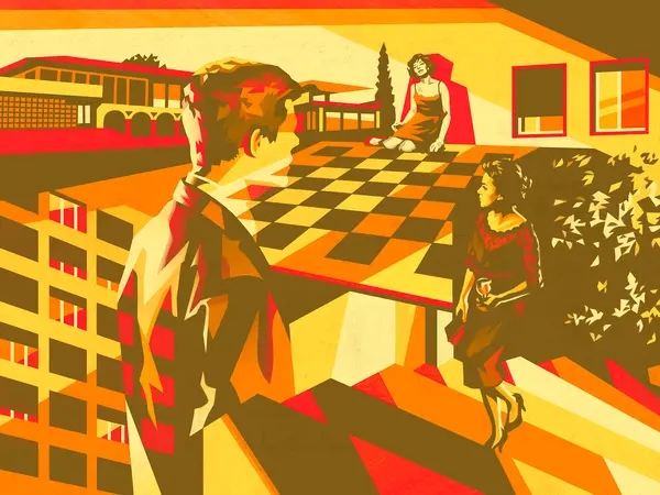 A geometric illustration with bold, warm colours - oranges, reds and browns. Figures are depicted in angular shapes against a checkerboard floor and abstract architectural structures.