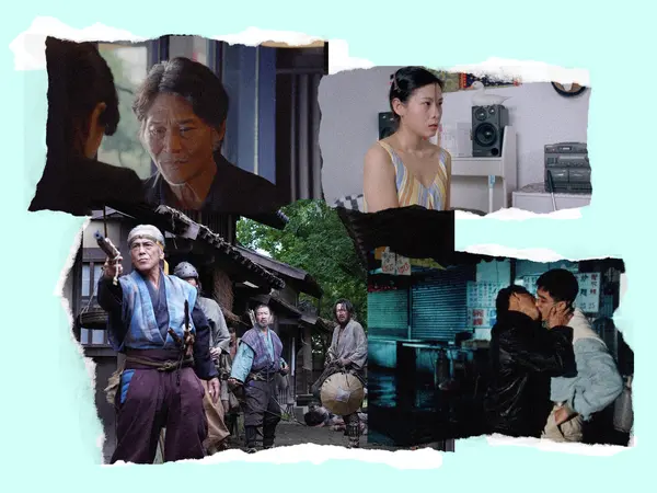 A collage of scenes from a film, including a man in traditional Japanese dress, a woman in a revealing dress, and various other characters in action.