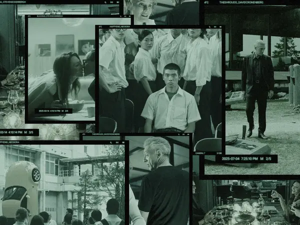 Black and white film strip collage showing multiple overlapping photographs of people, buildings, and street scenes with visible film sprocket holes and frame borders.