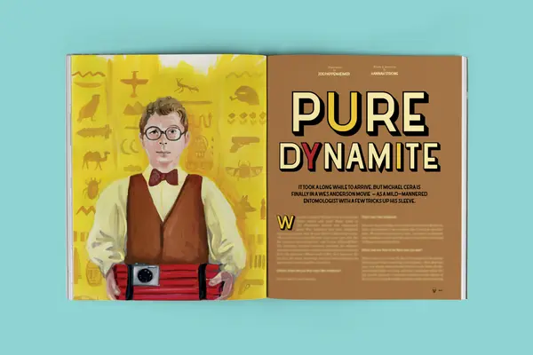 Person in glasses and bow tie on yellow background; text "PURE DYNAMITE" on brown background