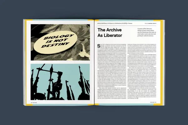 An open book displaying text and two images - a sign reading "Biology is not destiny" and silhouettes of protesters holding signs.