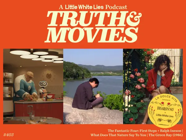 Orange background with white text "TRUTH & MOVIES" podcast logo. Three film stills below: woman in kitchen, man by lake, person in red jacket with flowers.