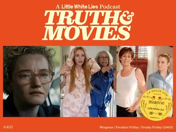 Orange background with white text "TRUTH & MOVIES" at top. Strip of film stills below showing five women characters. Yellow circular badge bottom right.