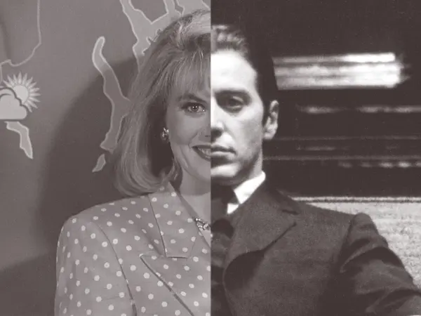 Half of a woman's face and half of a man's face, in black and white.